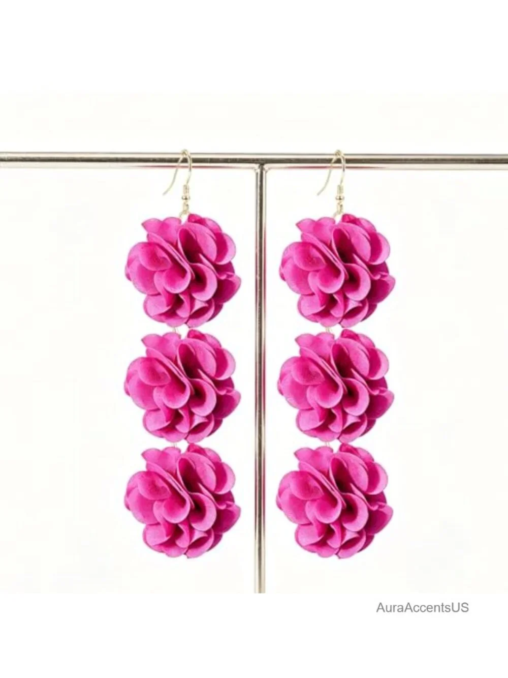 Fabric Flower Dangle Earrings Gold Fish Hook Lightweight Boho Statement